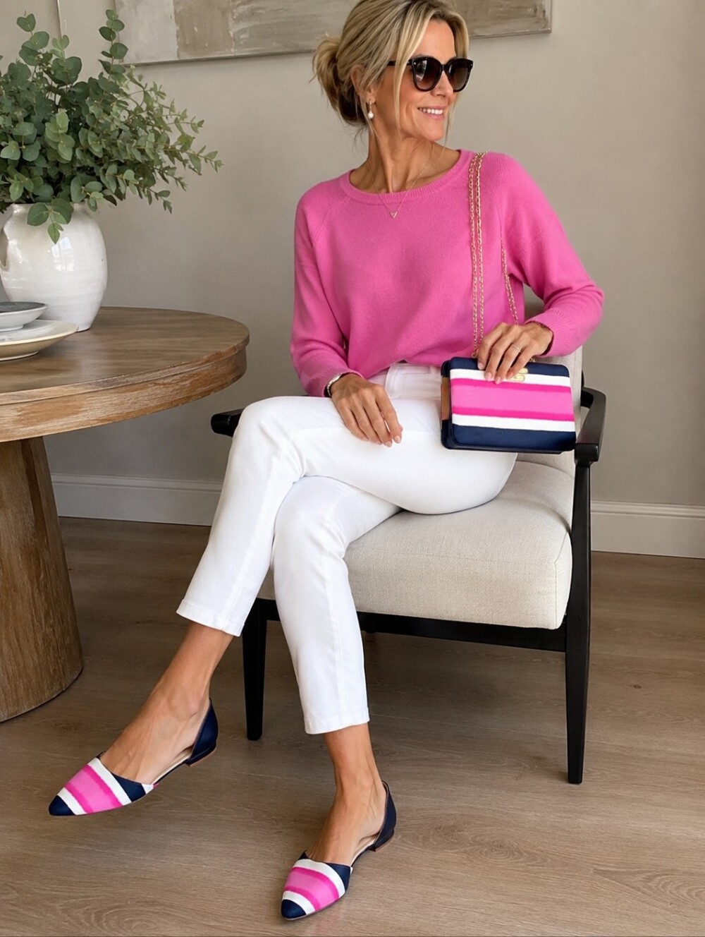 Talbots Pink Navy White Striped D'Orsay Flats And Bag 4x7x1 5